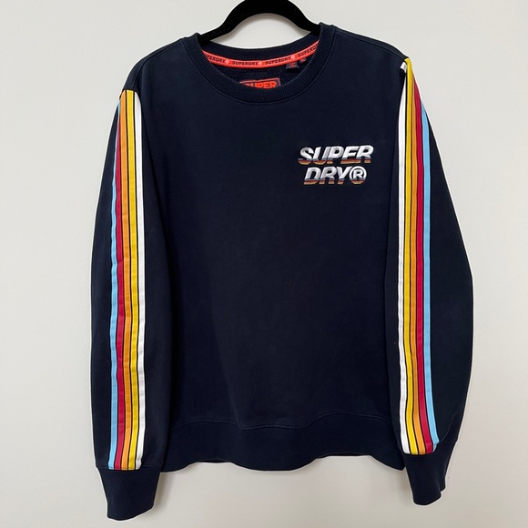 Superdry Other - SUPERDRY Sweatshirt Crew Neck Navy Blue Striped Sleeves Front Embroidered Logo